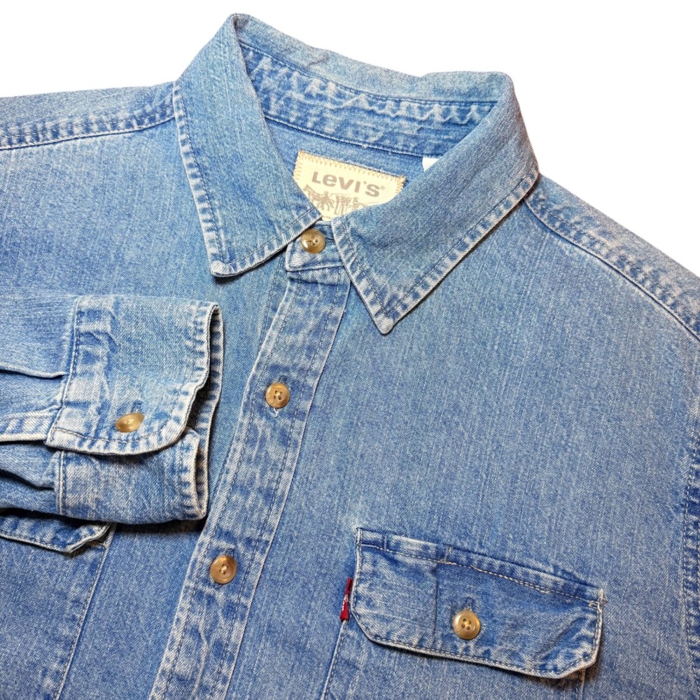 Levis Mens L Blue Western Denim Long Sleeve Button Down Shirt Two Horse Brand